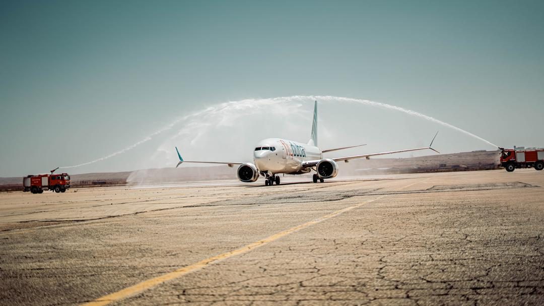 Water cannon salute welcoming the inaugural flydubai flight in Benghazi